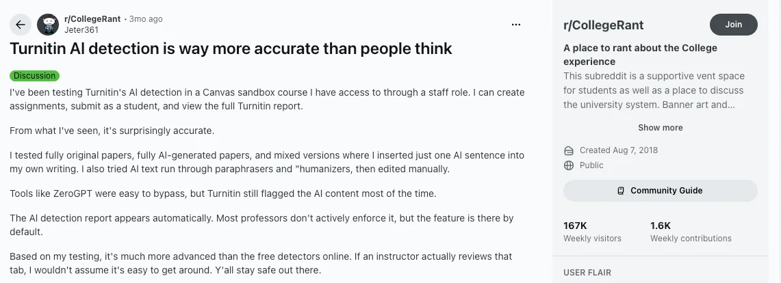 Reddit discussion on Turnitin AI detection being surprisingly accurate Reddit discussion on Turnitin AI detection being surprisingly accurate