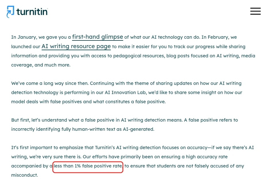 Turnitin AI detector official statement under 1% false positive Turnitin AI detector official statement under 1% false positive